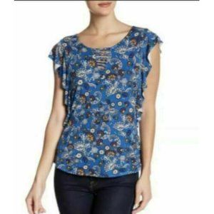 Bobeau Womens Blue Ruffle Flutter Sleeve Floral Printed Blouse Size Large L